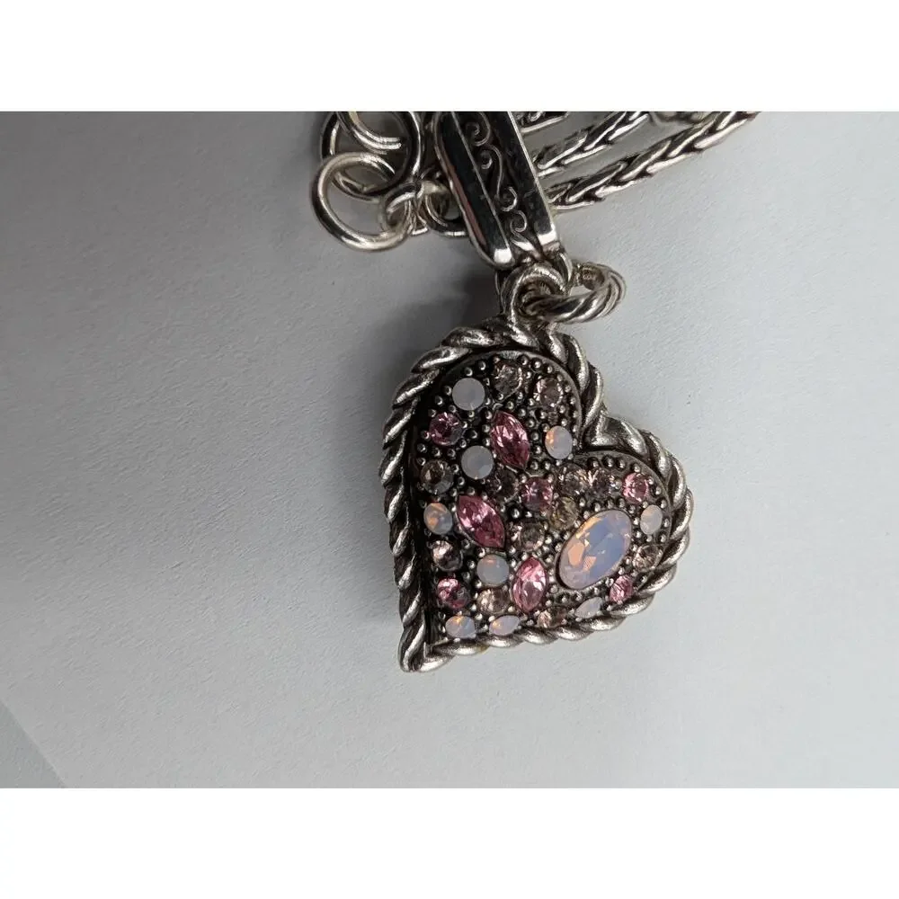Brighton Silver Tone Pink Crystal Heart Charm Braided Triple Strand Bracelet